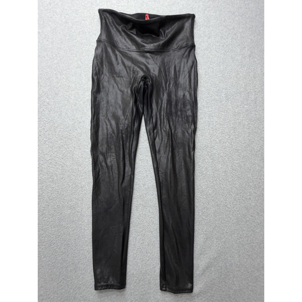 Spanx Leggings Womens Petite Large Black Faux Leather High Rise Ankle Stretch